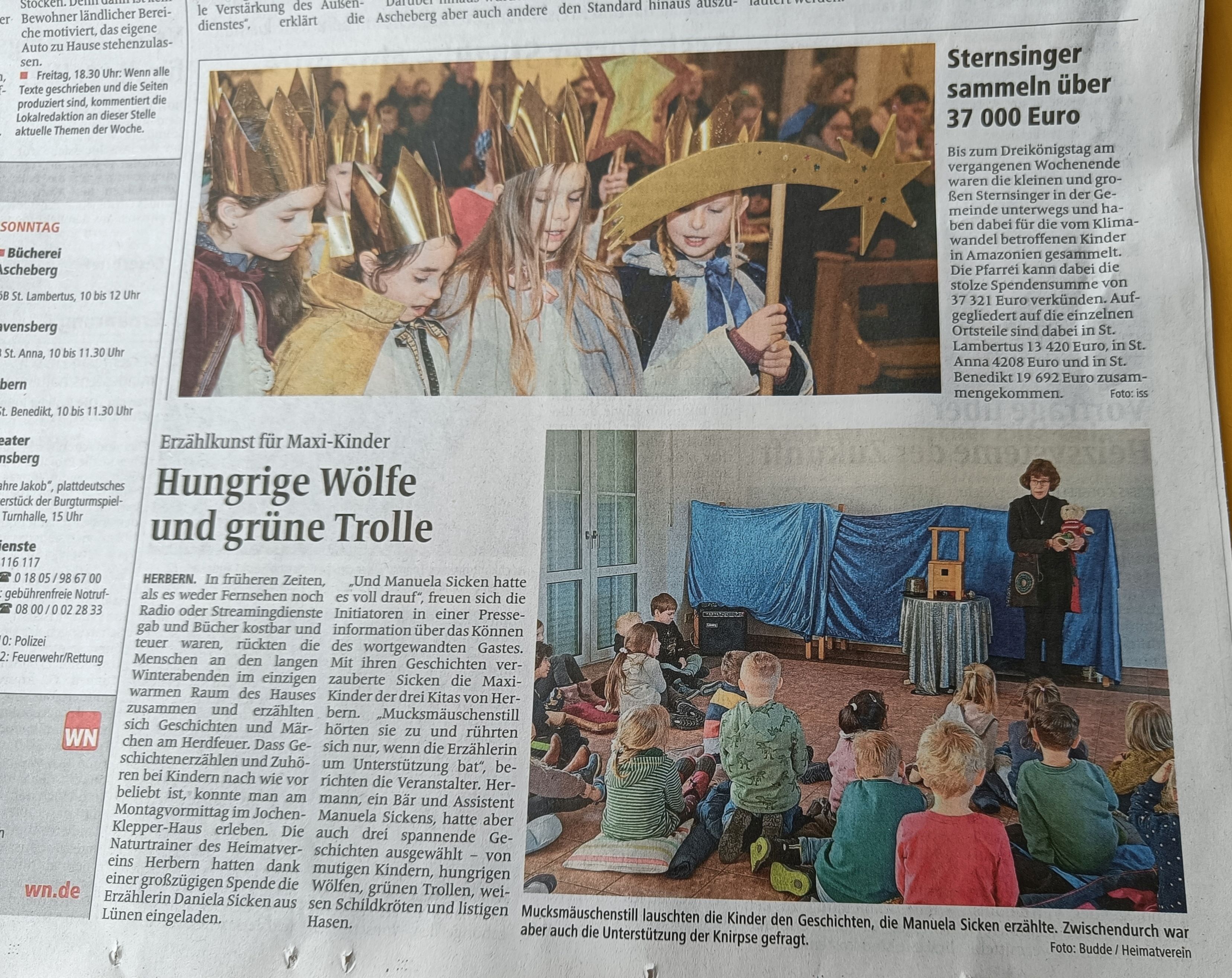 Artikel Westfälische Nachrichten Herbern Maxikinder Heimatverein Januar 2024